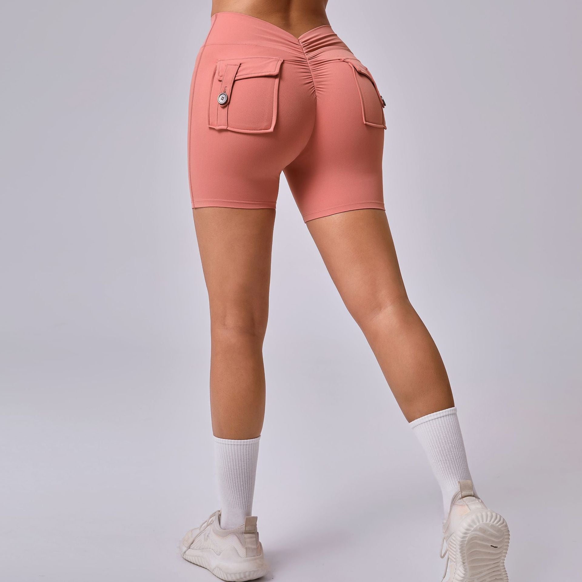 Back V Cargo Pocket Ruched Scrunch Butt Yoga Shorts Tight Fitness Shorts