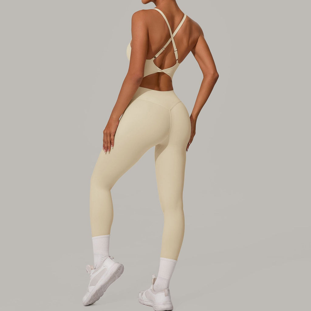 Adjustable Buckle Cross Waist-Cinching Scrunch Butt Yoga Jumpsuit Tight-Fit Workout Bodysuit