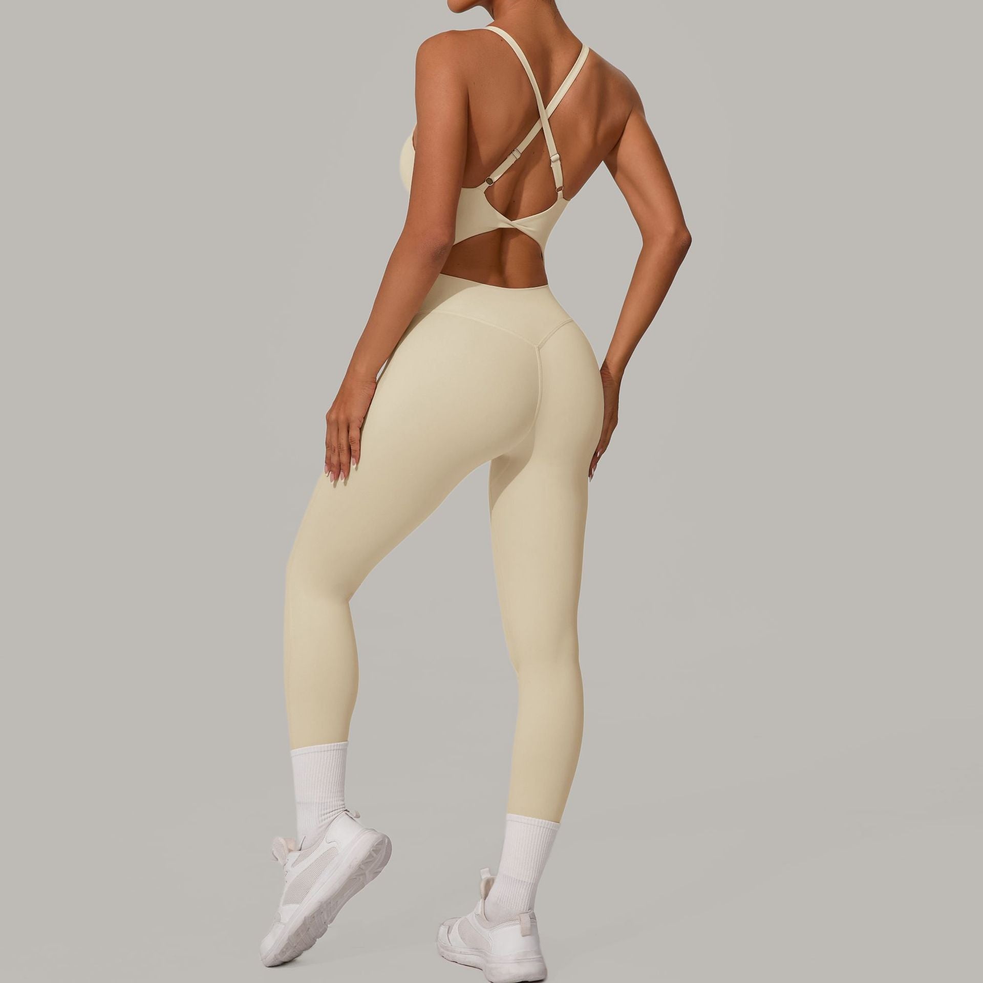 Adjustable Buckle Cross Waist-Cinching Scrunch Butt Yoga Jumpsuit Tight-Fit Workout Bodysuit