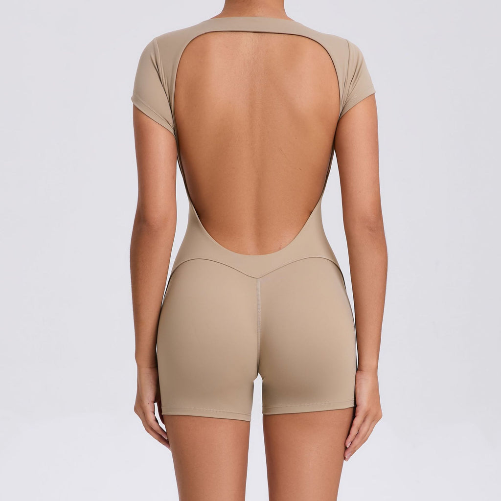 Backless Scrunch Butt Yoga Jumpsuit Sculpting Short Sleeve Fitness Bodysuit