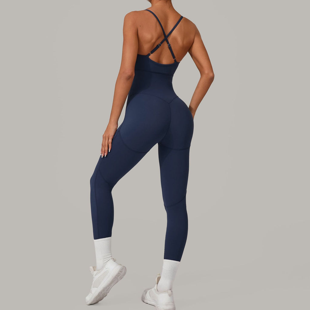 Cross Back Adjustable Strap Summer Yoga Jumpsuit Spliced Fitness Bodysuit