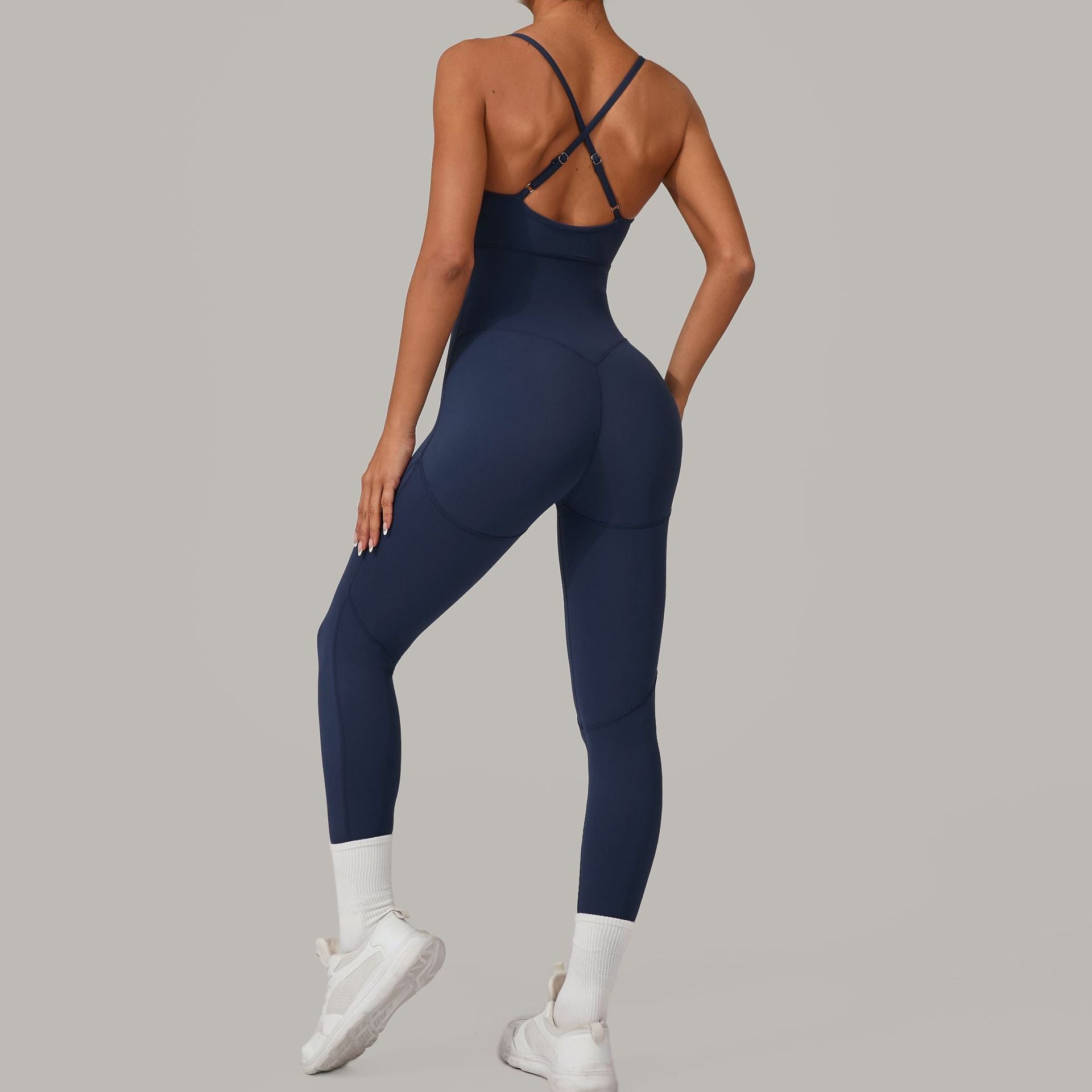 Cross Back Adjustable Strap Summer Yoga Jumpsuit Spliced Fitness Bodysuit