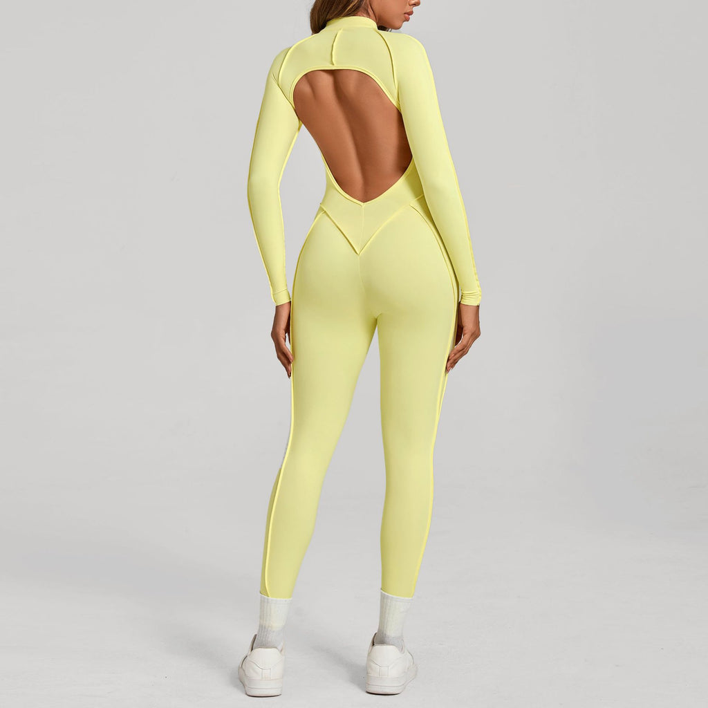 3D Panel Half-Zip Long Sleeve Yoga Jumpsuit Backless Tight Fitness One-Piece