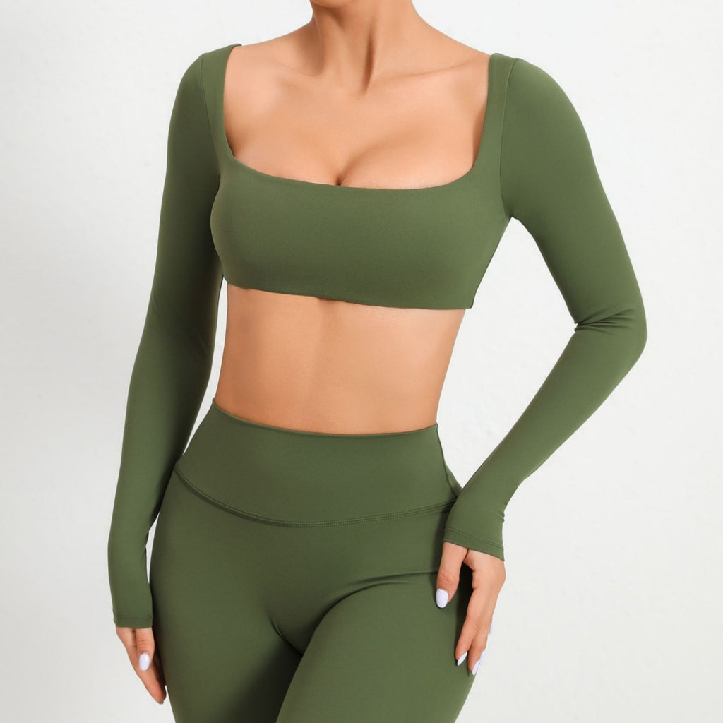 Square Neck Long Sleeve Yoga Top with Bra Pads | Quick-Dry Running & Workout Activewear