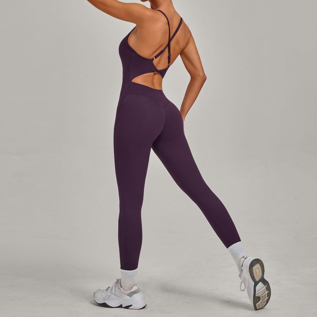 Adjustable Buckle Cross Waist-Cinching Scrunch Butt Yoga Jumpsuit Tight-Fit Workout Bodysuit