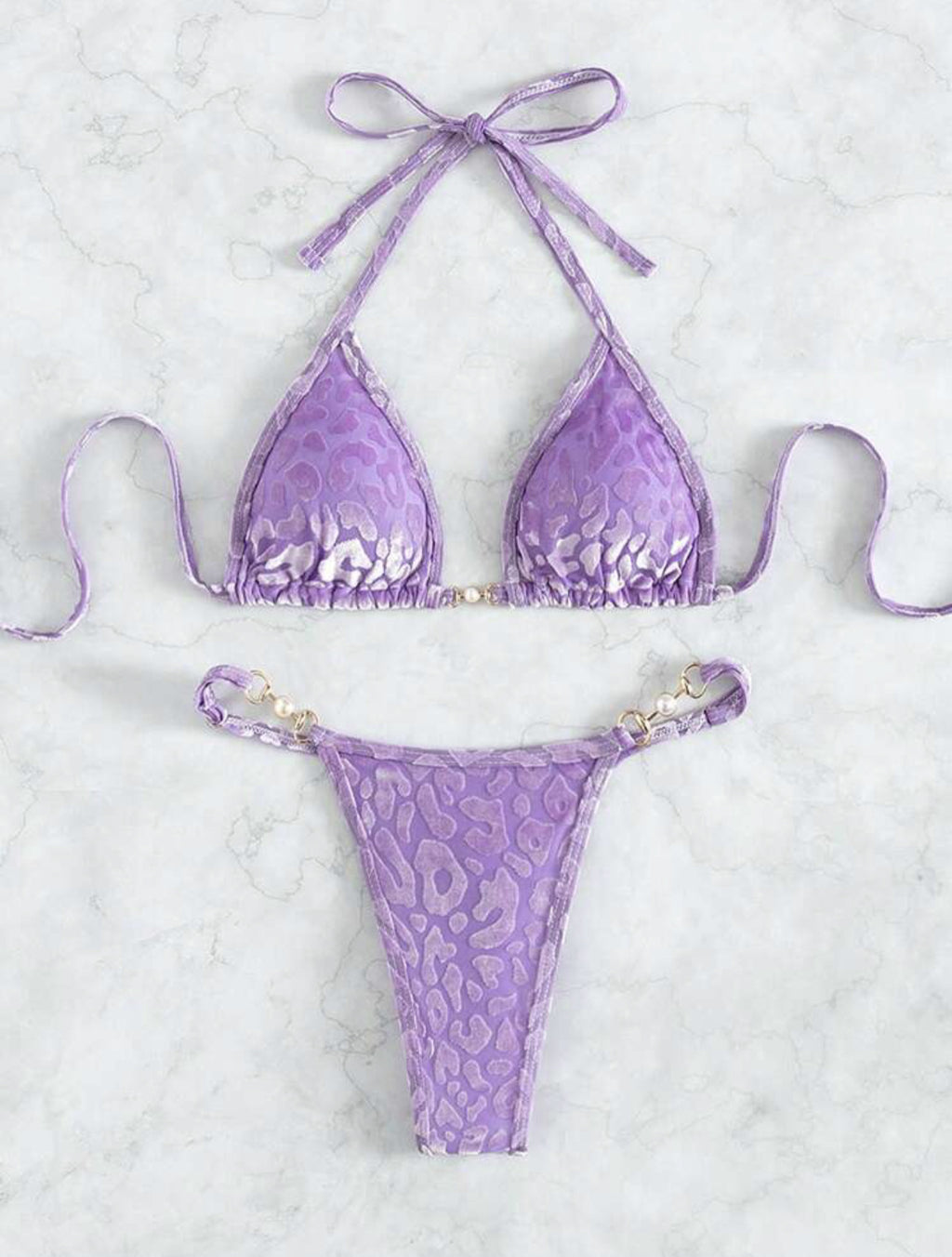 2026 Summer Sexy Pearl Leopard Print Thong Bikini Set Special Fabric Split Swimsuit