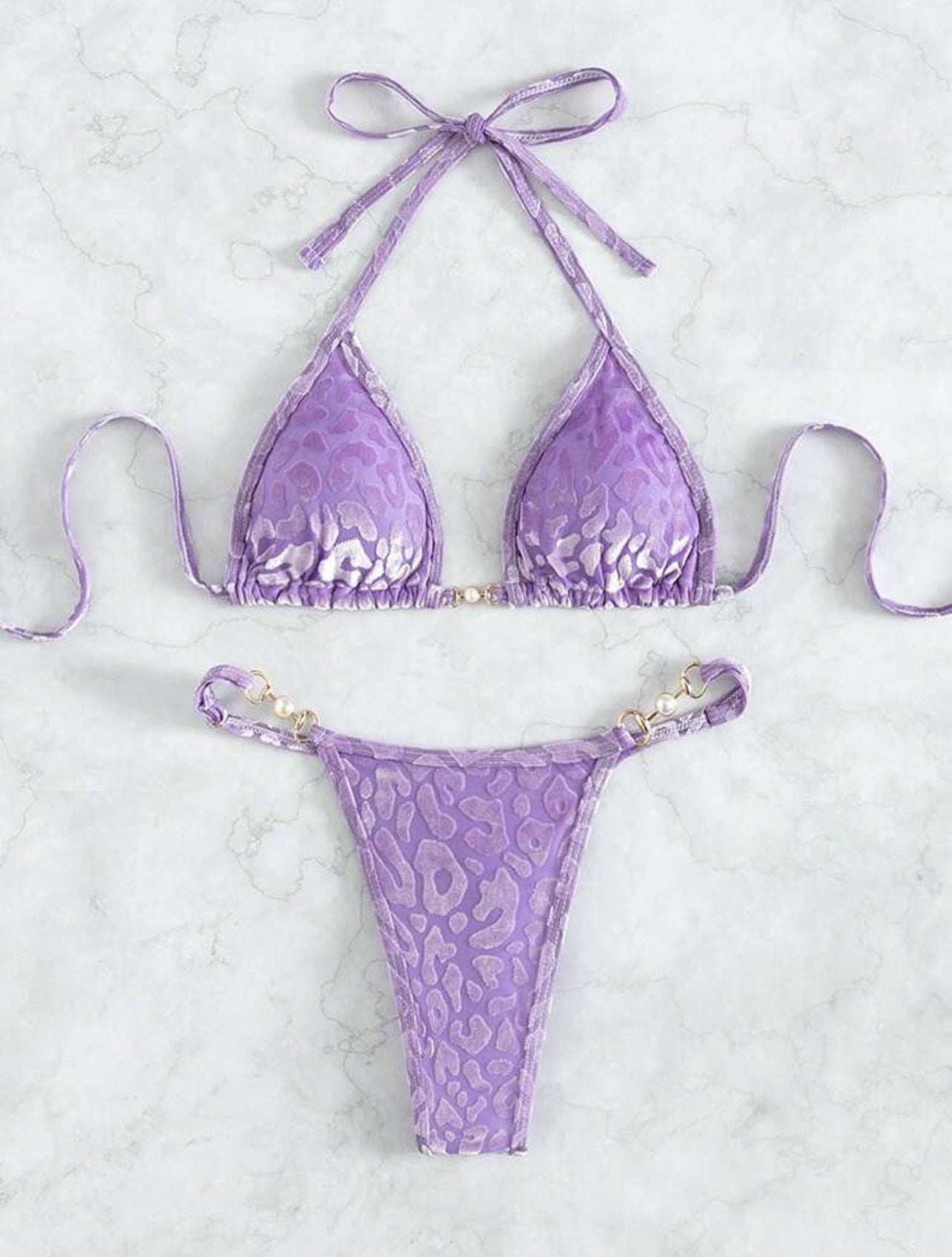 2026 Summer Sexy Pearl Leopard Print Thong Bikini Set Special Fabric Split Swimsuit