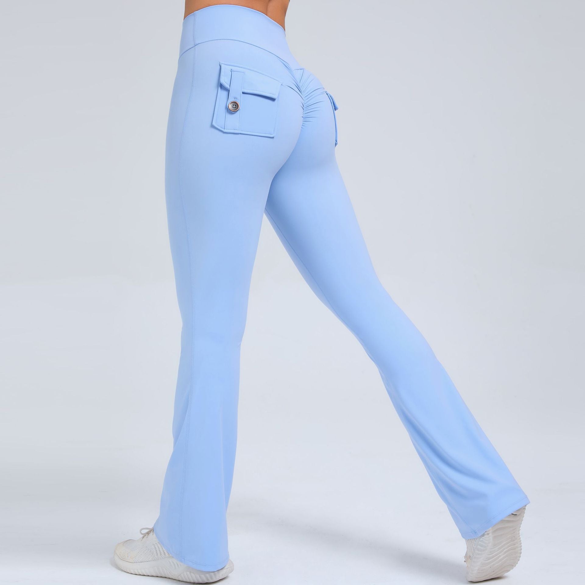 Buttoned Peach-Lift Yoga Flare Pants | High-Waist Quick-Dry Fitness Bell Bottoms for Women