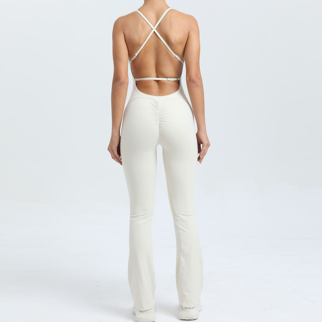 Adjustable Strap Backless Scrunch Butt Yoga Jumpsuit Slight Flare Fitness Wear
