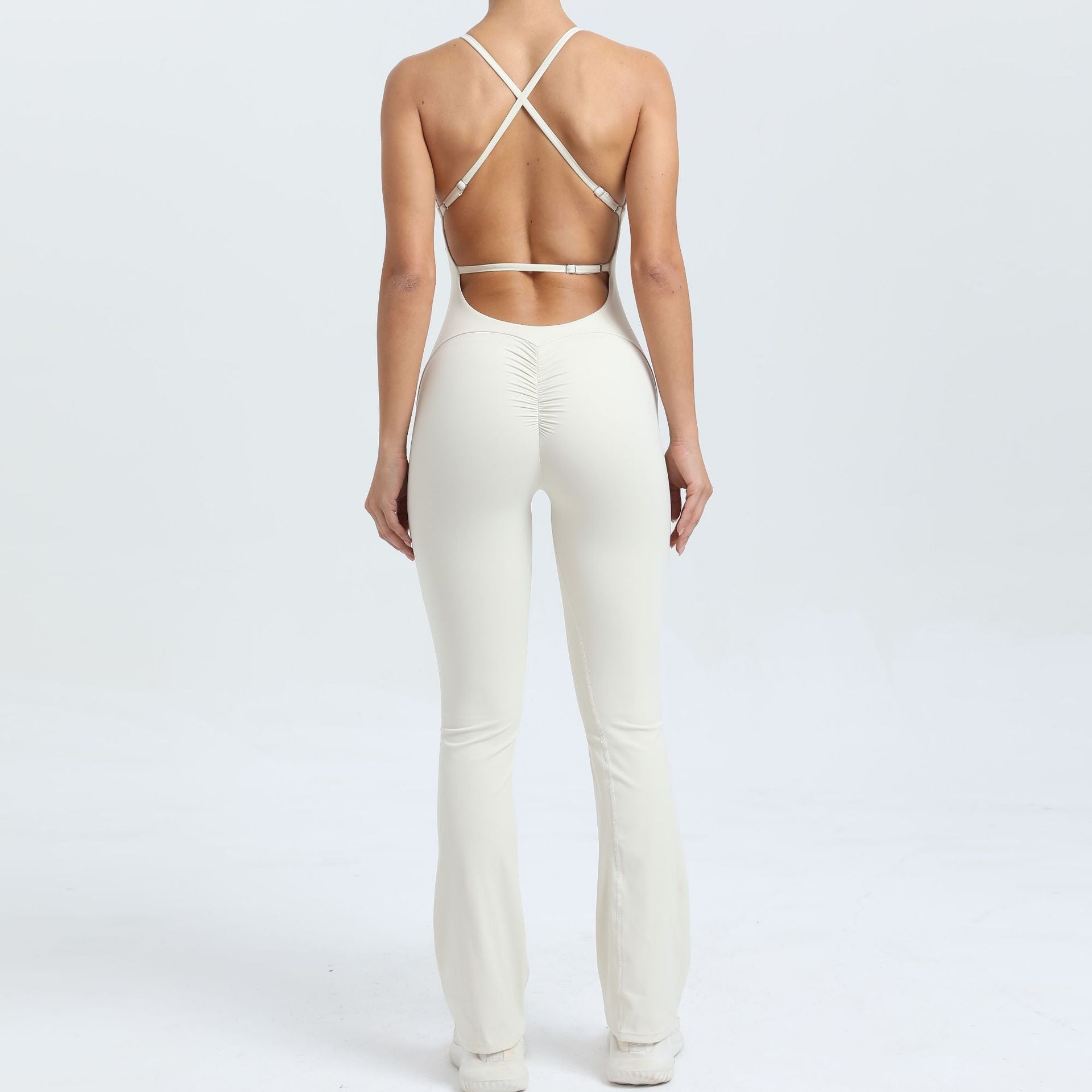 Adjustable Strap Backless Scrunch Butt Yoga Jumpsuit Slight Flare Fitness Wear