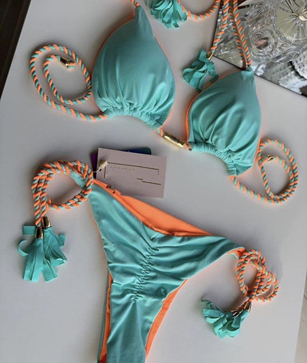 Sexy Vacation Bikini Set | Solid Color Braided String Split Swimwear for Hot Springs & Beach