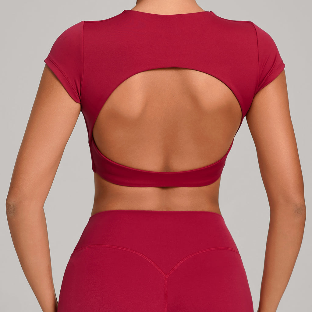 Backless Running Yoga Top｜Double-Stitched Tight Fit No-Bra Short Sleeve Activewear for Women