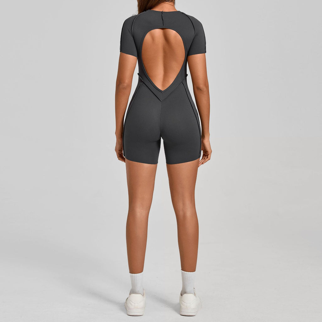 3D Panel Short Sleeve Yoga Jumpsuit Backless Tight-Fit Gym Bodysuit