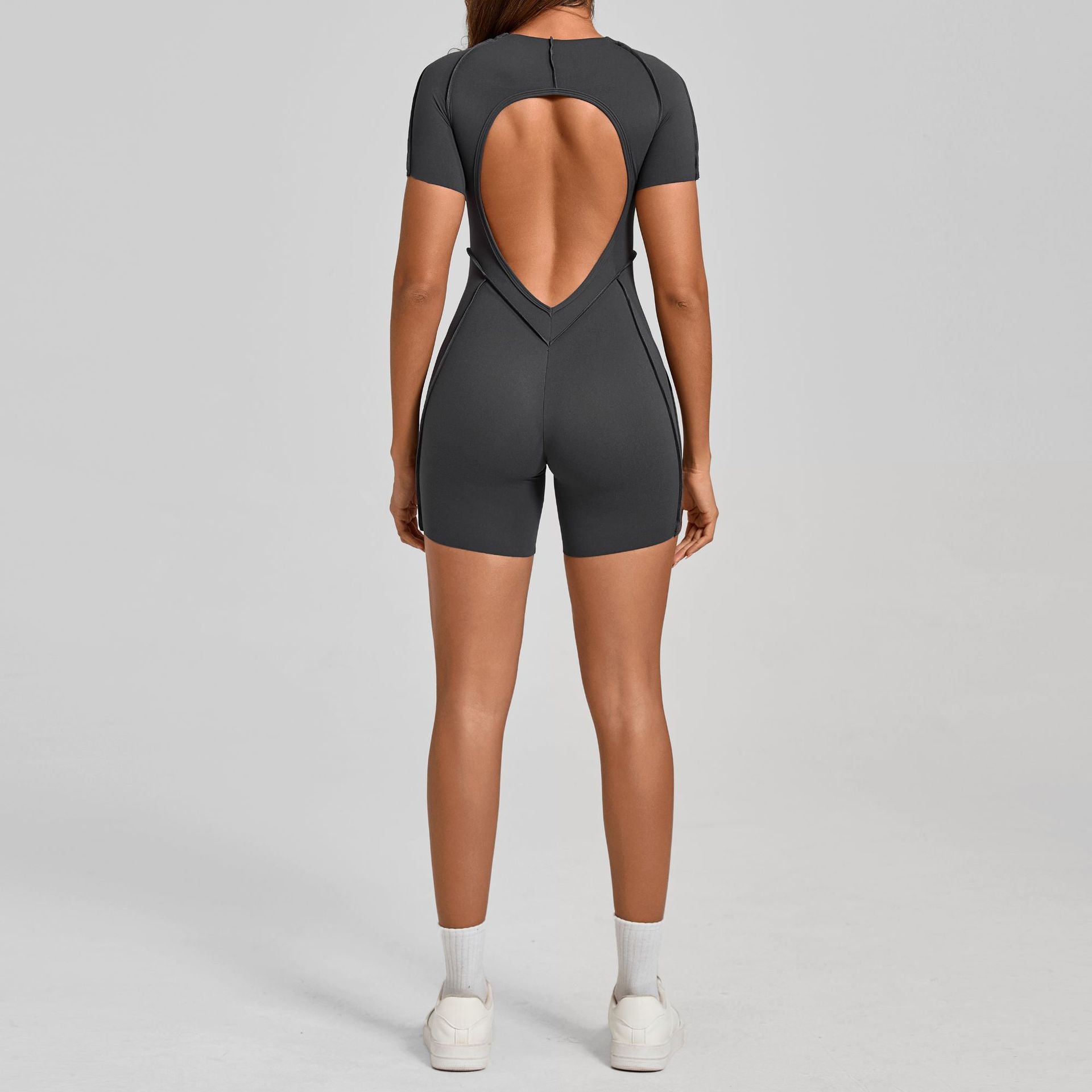 3D Panel Short Sleeve Yoga Jumpsuit Backless Tight-Fit Gym Bodysuit