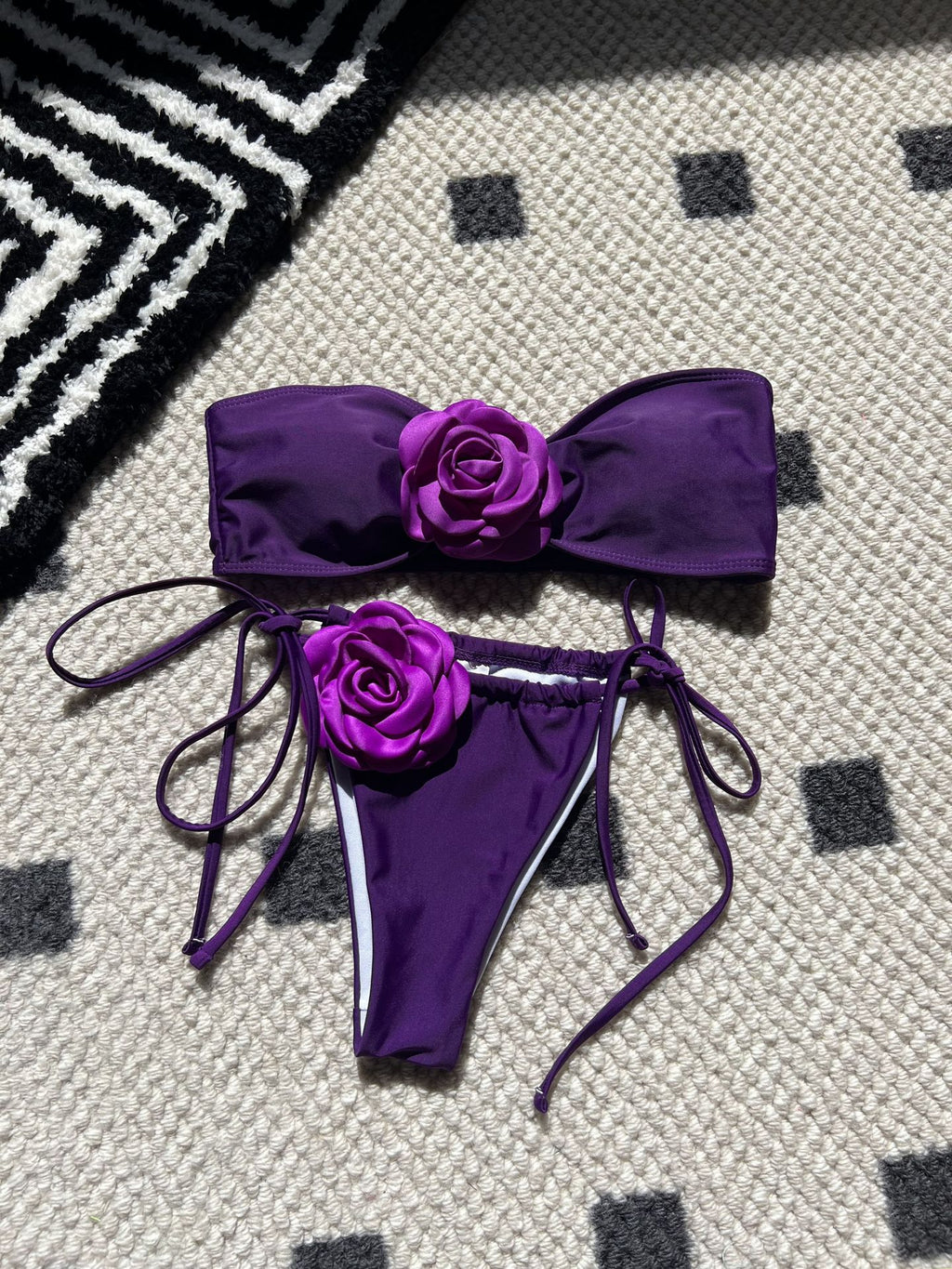 2026 Solid Color Rose Bandeau Drawstring Bikini Set Two Piece Split Swimsuit