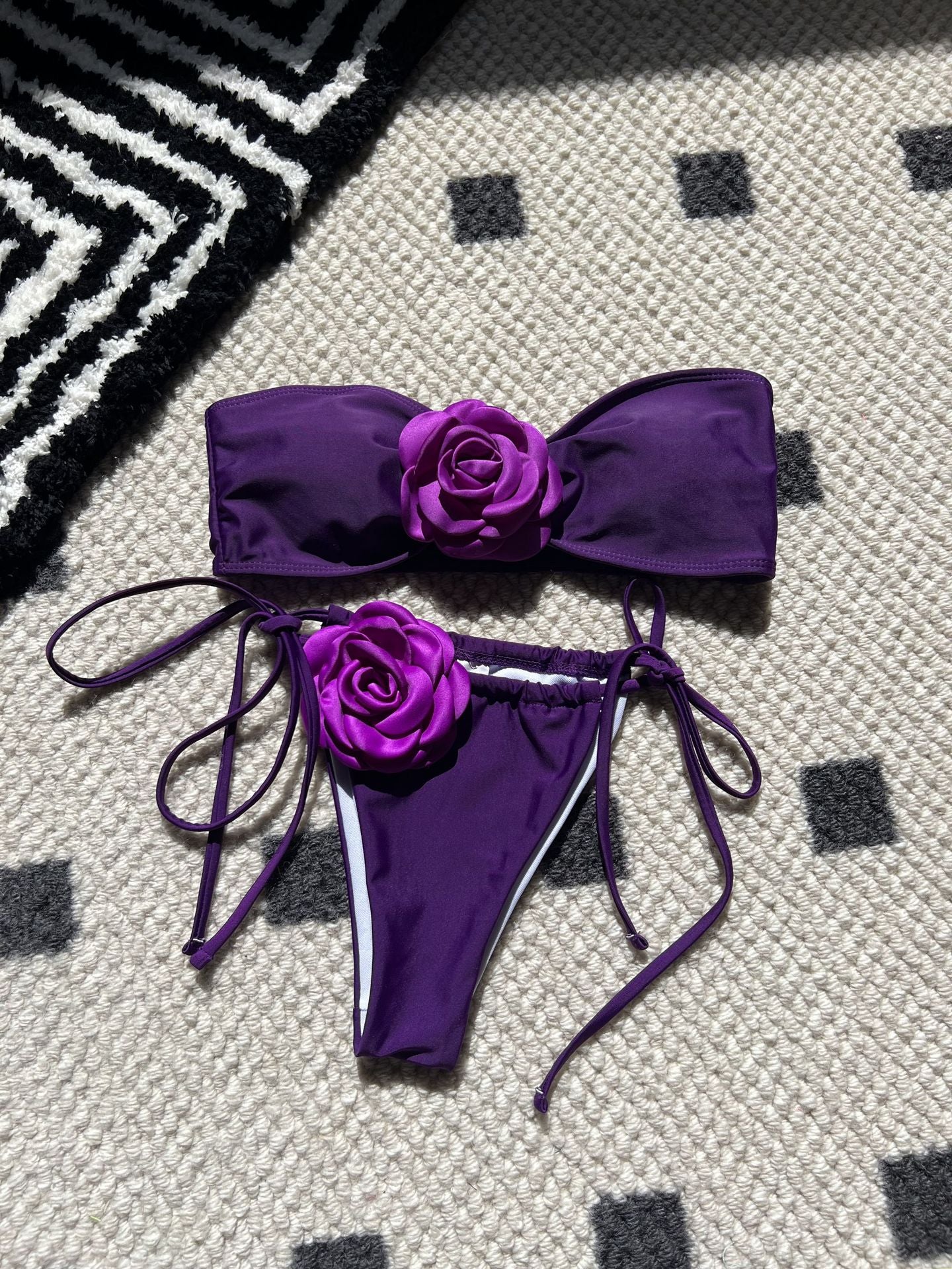 2026 Solid Color Rose Bandeau Drawstring Bikini Set Two Piece Split Swimsuit