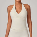 Ruched V-Neck Halter Yoga Tank | Slim Fit Cross Back Running & Fitness Sports Bra