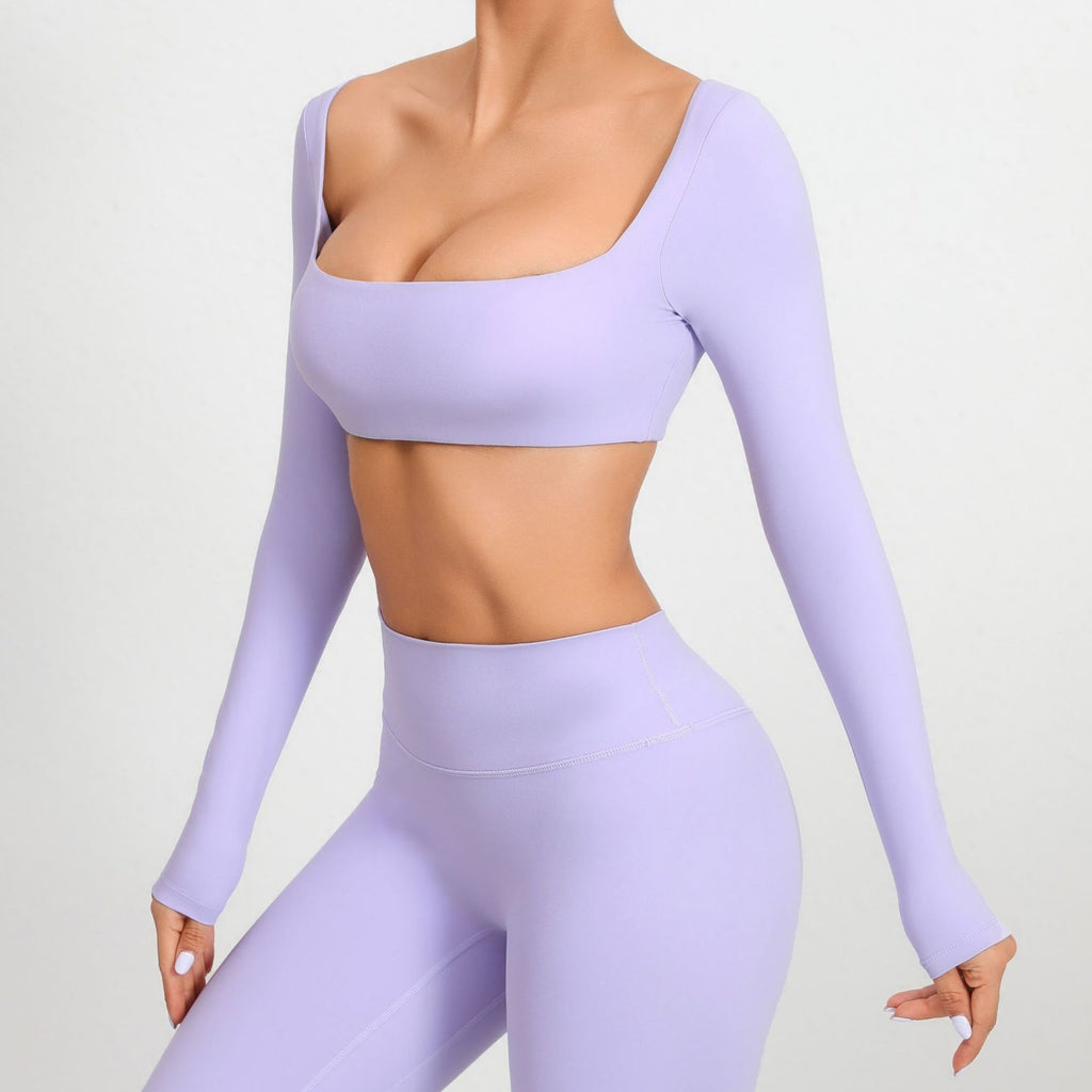 Square Neck Long Sleeve Yoga Top with Bra Pads | Quick-Dry Running & Workout Activewear