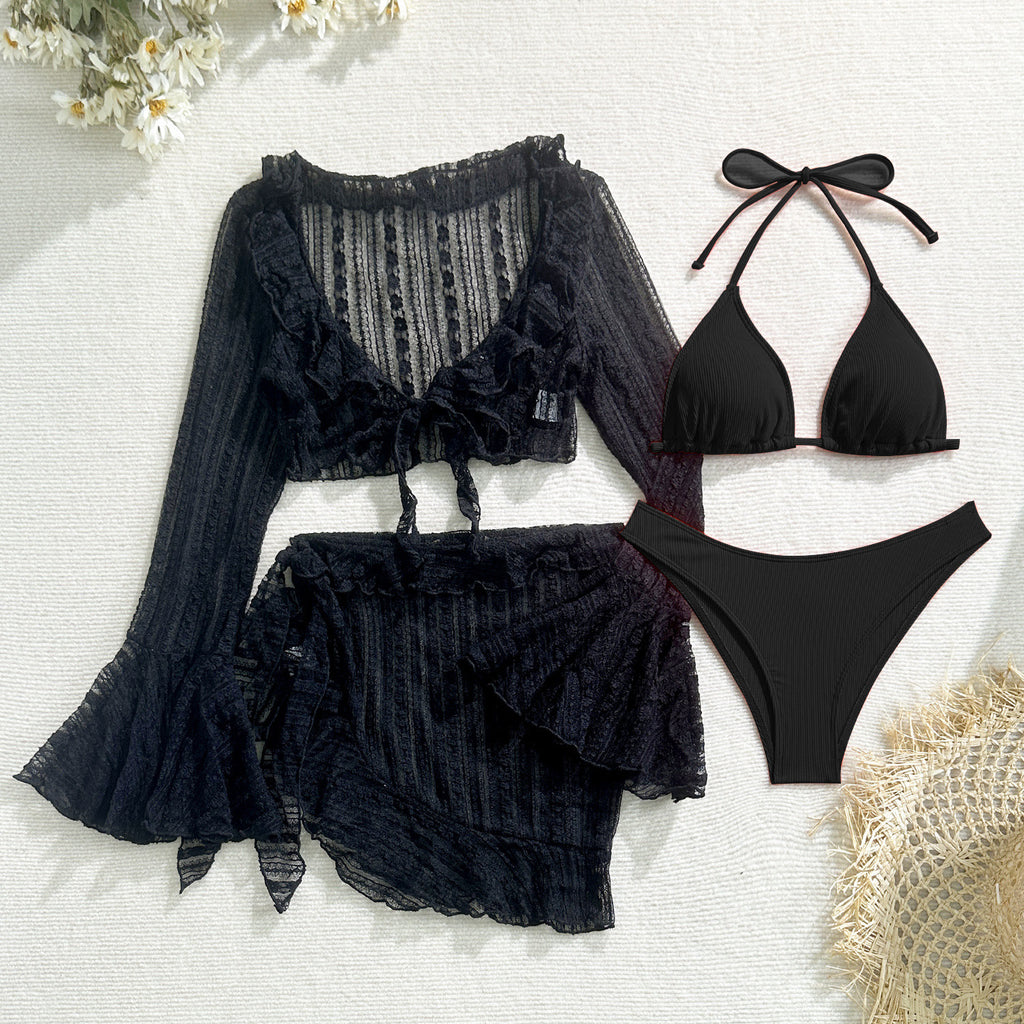 2026 Summer Sexy Nylon Shiny Metal Ring Bikini Set Backless Two Piece Swimsuit