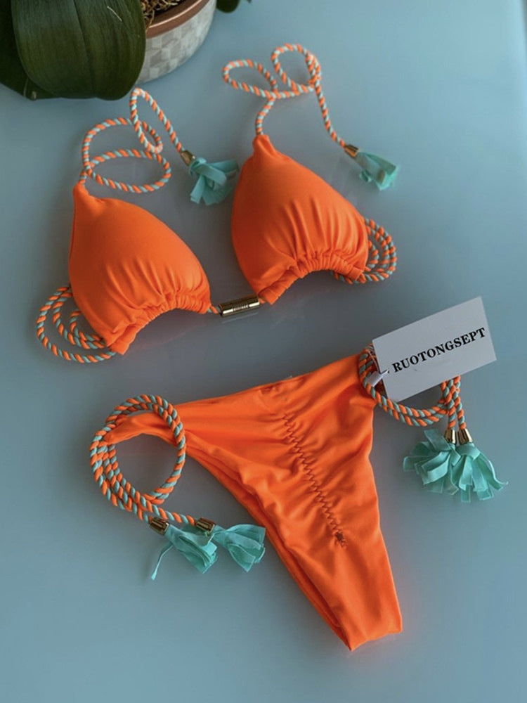 Sexy Vacation Bikini Set | Solid Color Braided String Split Swimwear for Hot Springs & Beach