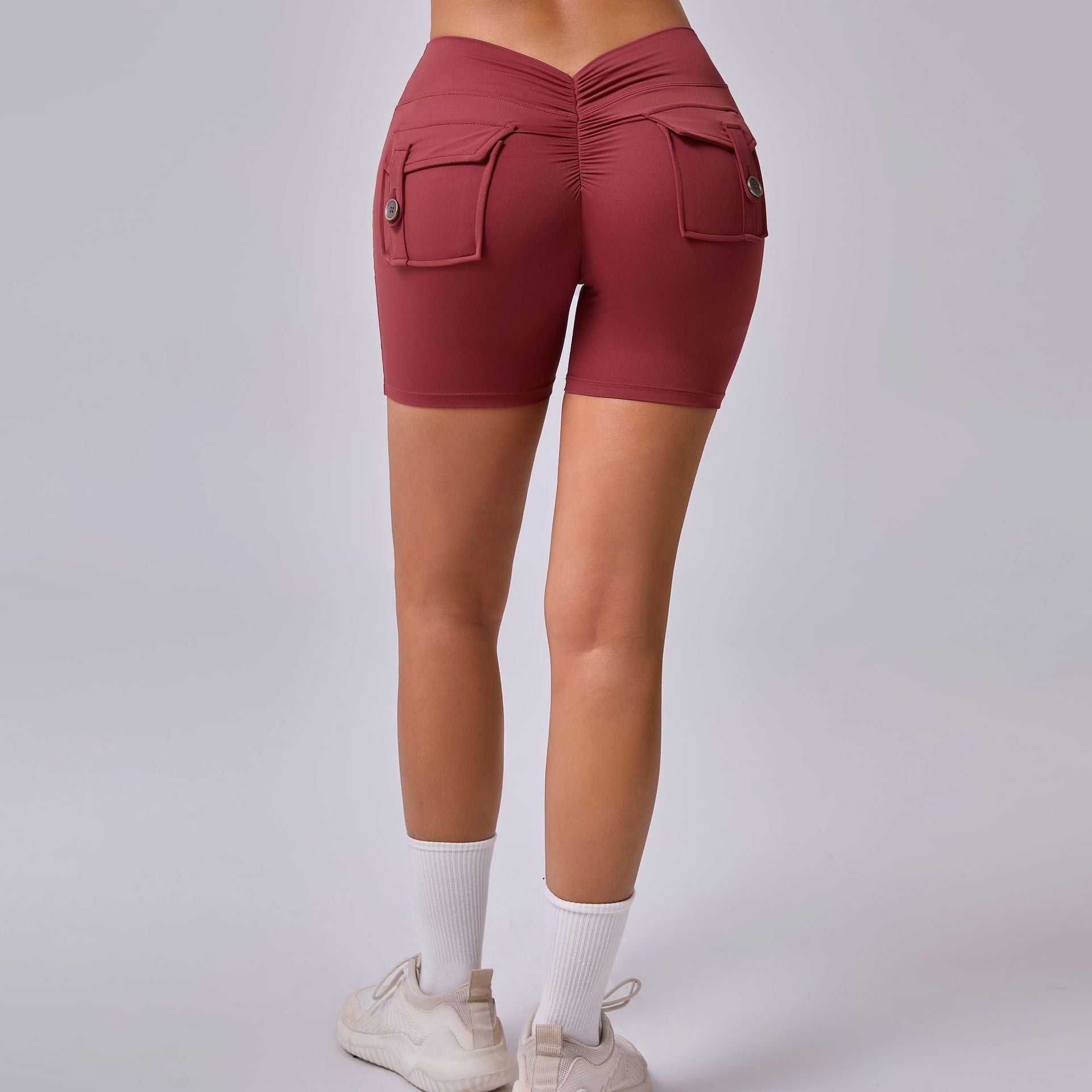 Back V Cargo Pocket Ruched Scrunch Butt Yoga Shorts Tight Fitness Shorts