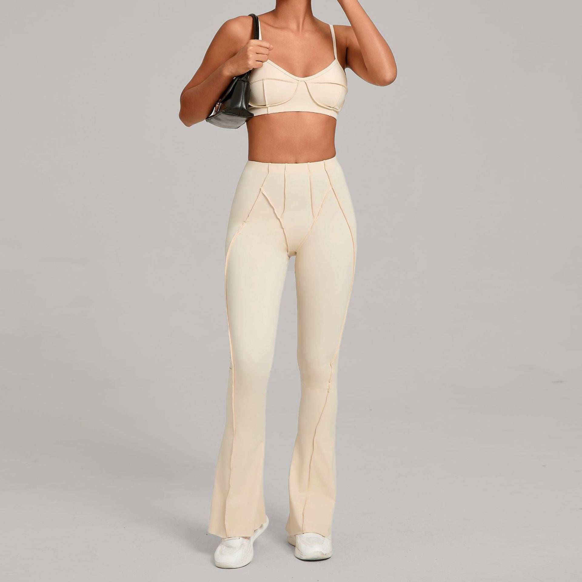 Brushed Sports Bra & Pants Yoga Set | 3D Patchwork Running Fitness Two-Piece