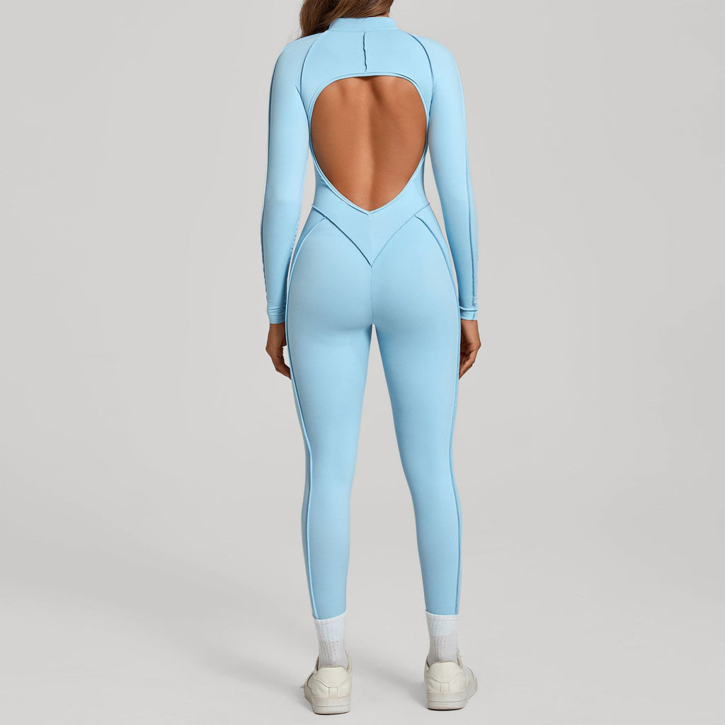 3D Panel Half-Zip Long Sleeve Yoga Jumpsuit Backless Tight Fitness One-Piece