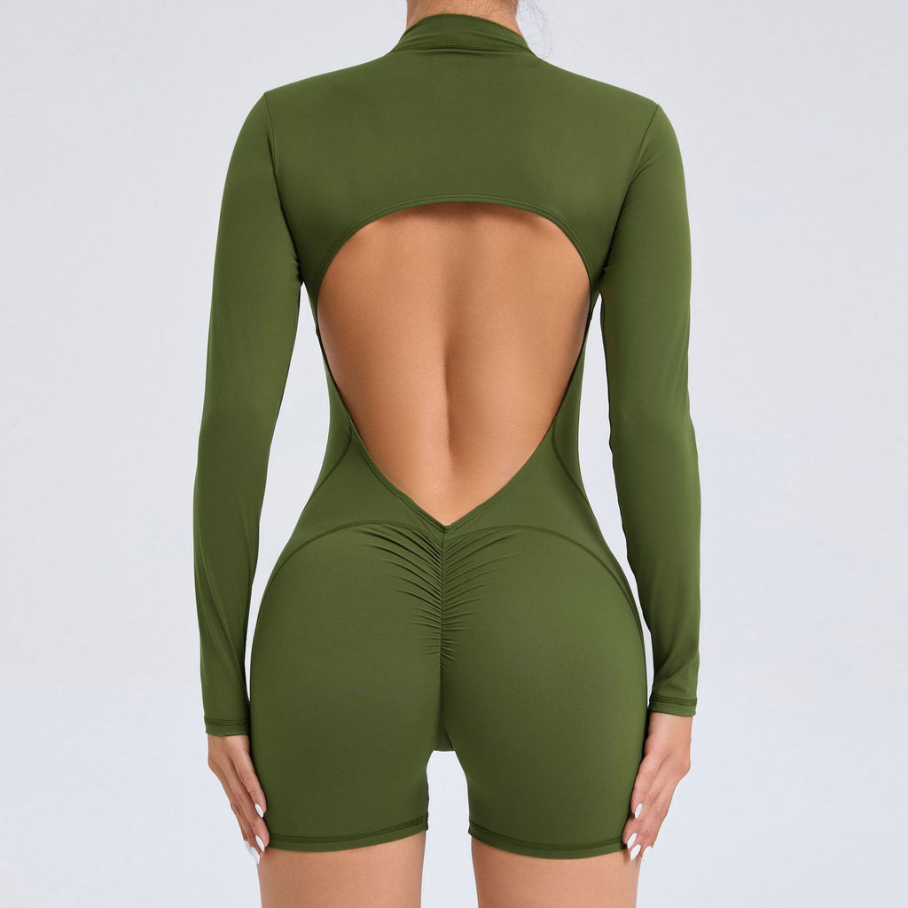 Back Cutout Half-Zip Yoga Jumpsuit Scrunch Butt Backless Quick-Dry Workout Suit