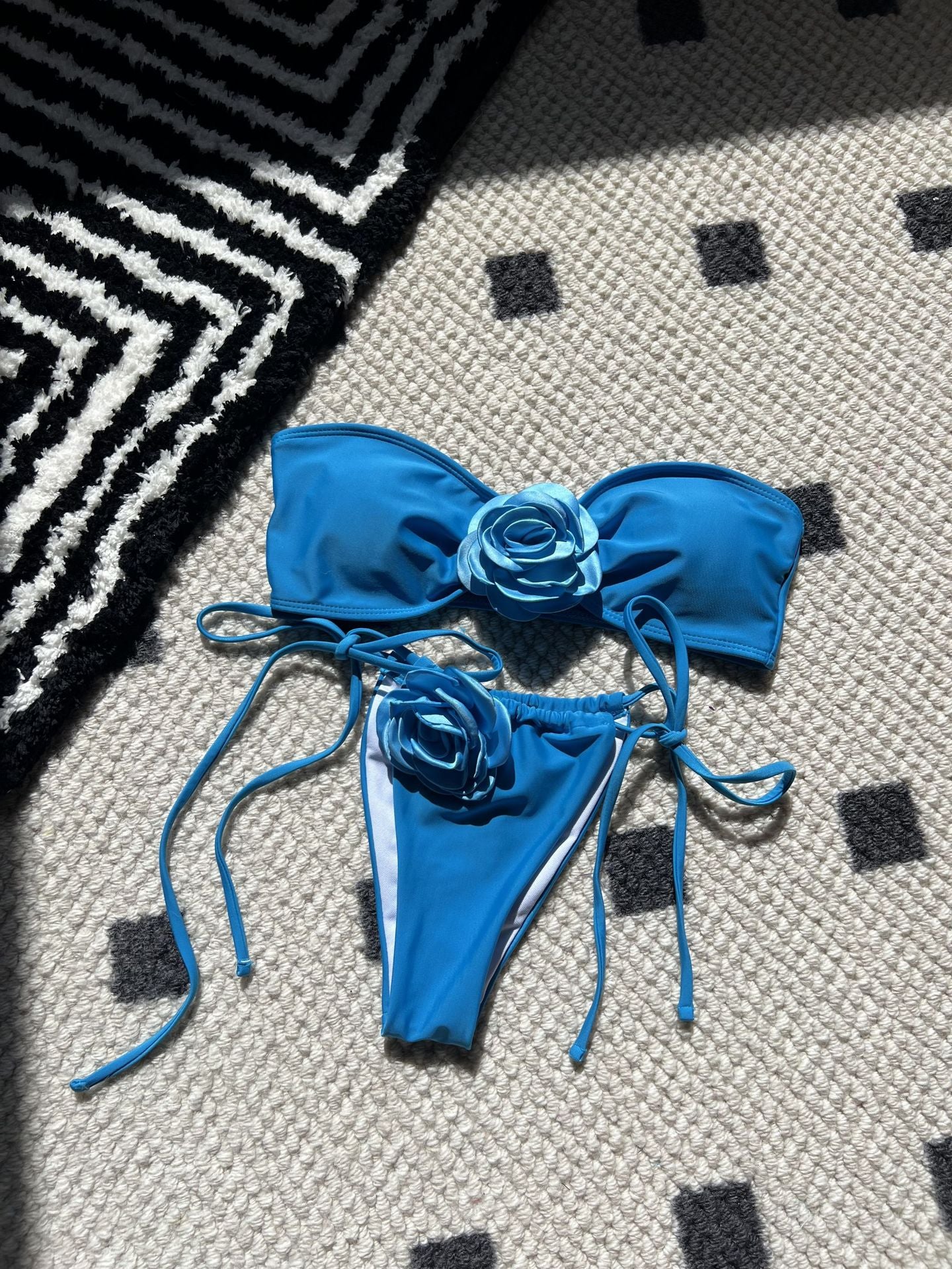 2026 Solid Color Rose Bandeau Drawstring Bikini Set Two Piece Split Swimsuit