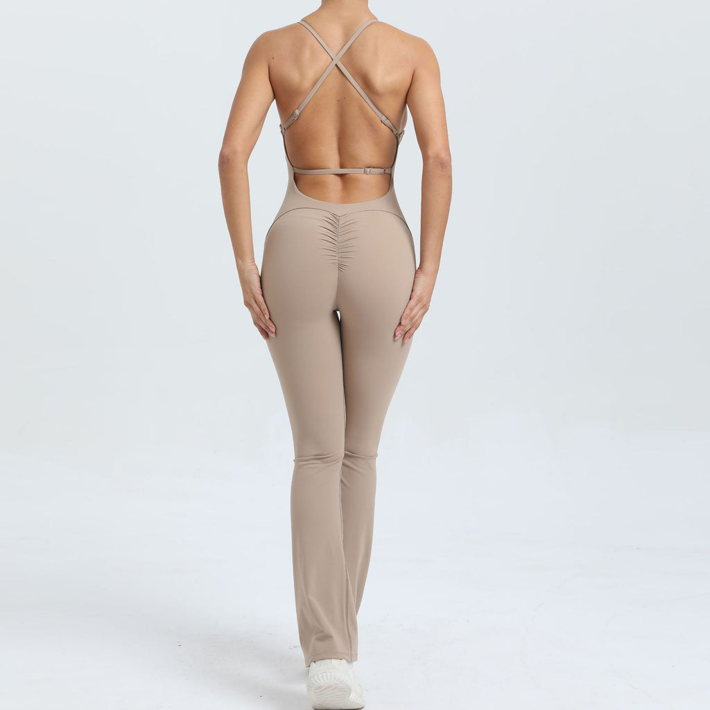 Adjustable Strap Backless Scrunch Butt Yoga Jumpsuit Slight Flare Fitness Wear