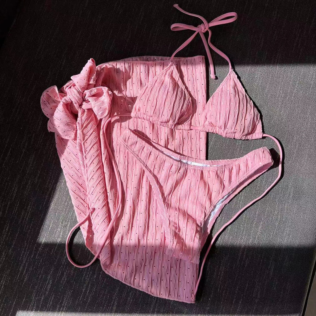 2026 Summer Sexy Backless Drawstring Bikini Set Three Piece Swimsuit Beachwear For Women