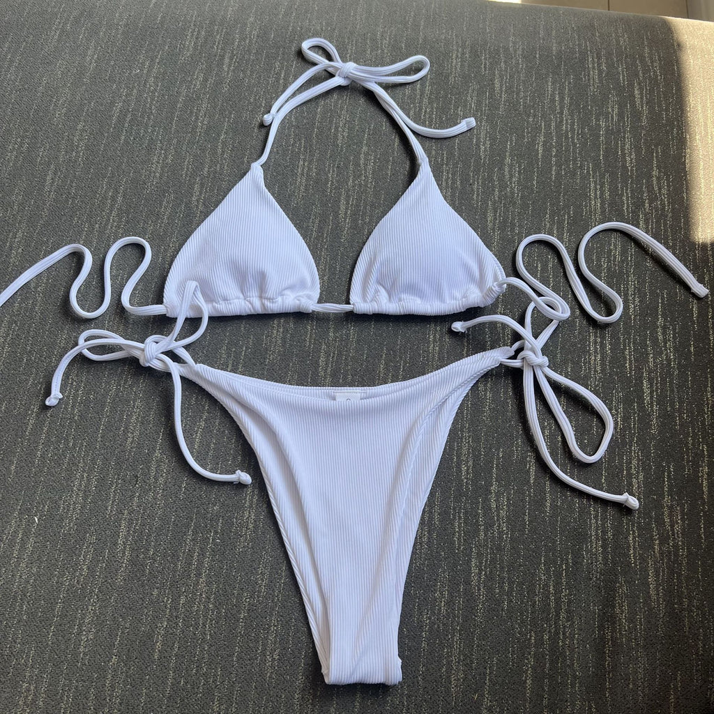 2026 Style Sexy Thong Ribbed Bikini Set Two Piece Split Swimsuit