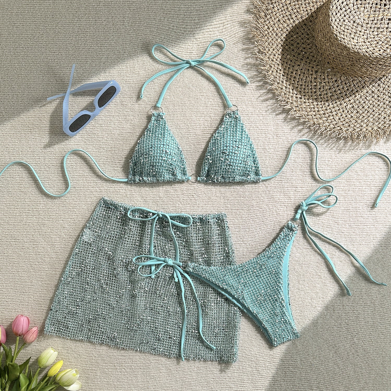 2026 Summer Sexy Tie Back Special Tulle Bikini Set Three Piece Split Swimsuit