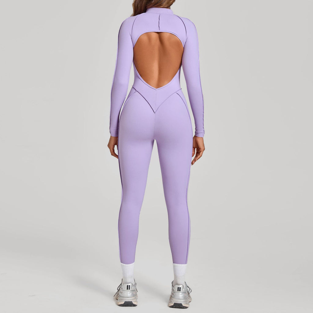 3D Panel Half-Zip Long Sleeve Yoga Jumpsuit Backless Tight Fitness One-Piece
