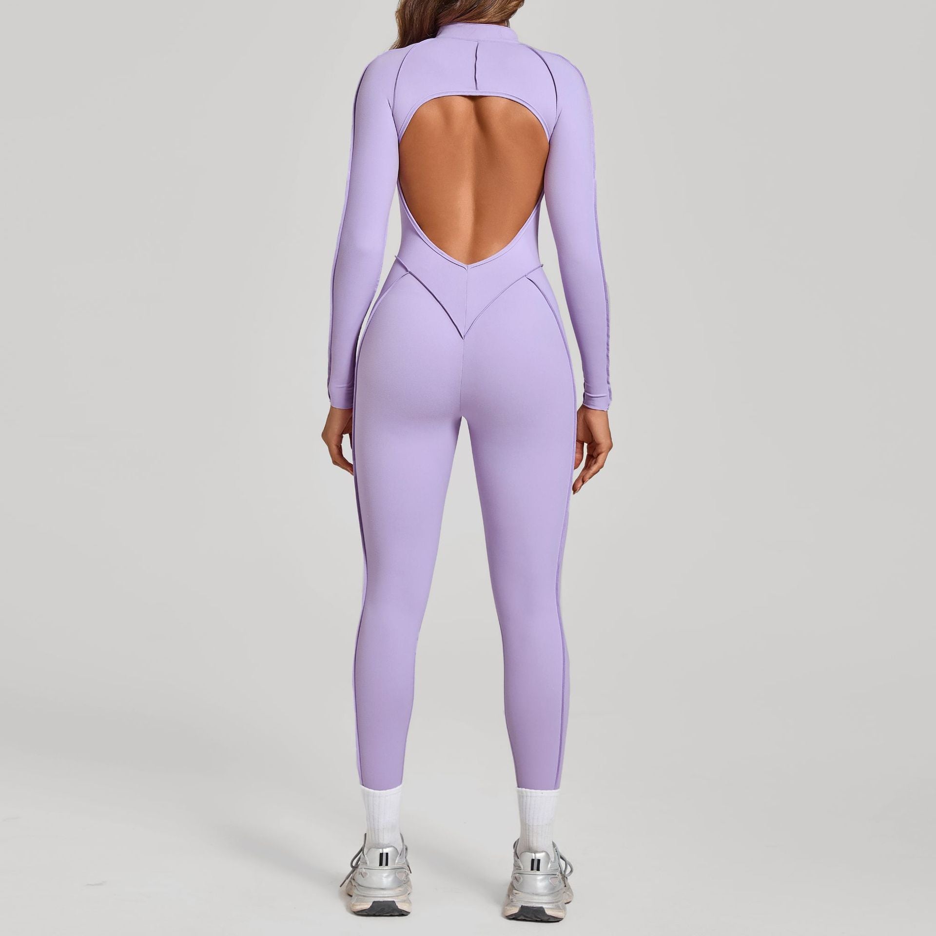 3D Panel Half-Zip Long Sleeve Yoga Jumpsuit Backless Tight Fitness One-Piece