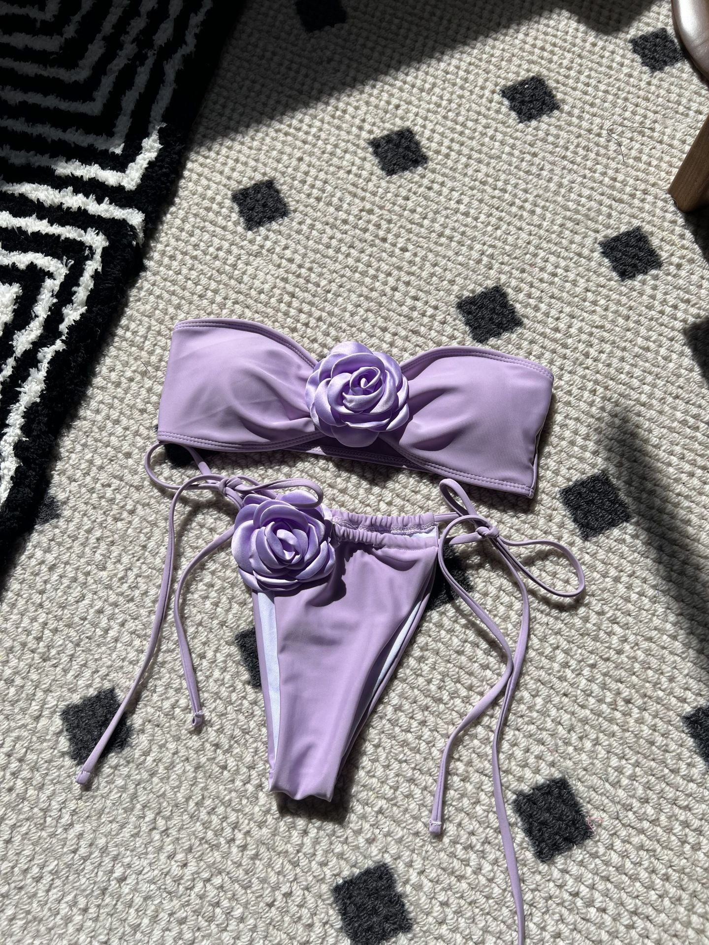 2026 Solid Color Rose Bandeau Drawstring Bikini Set Two Piece Split Swimsuit
