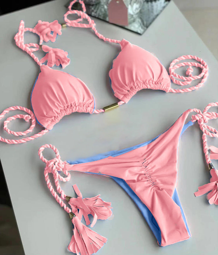 Sexy Vacation Bikini Set | Solid Color Braided String Split Swimwear for Hot Springs & Beach