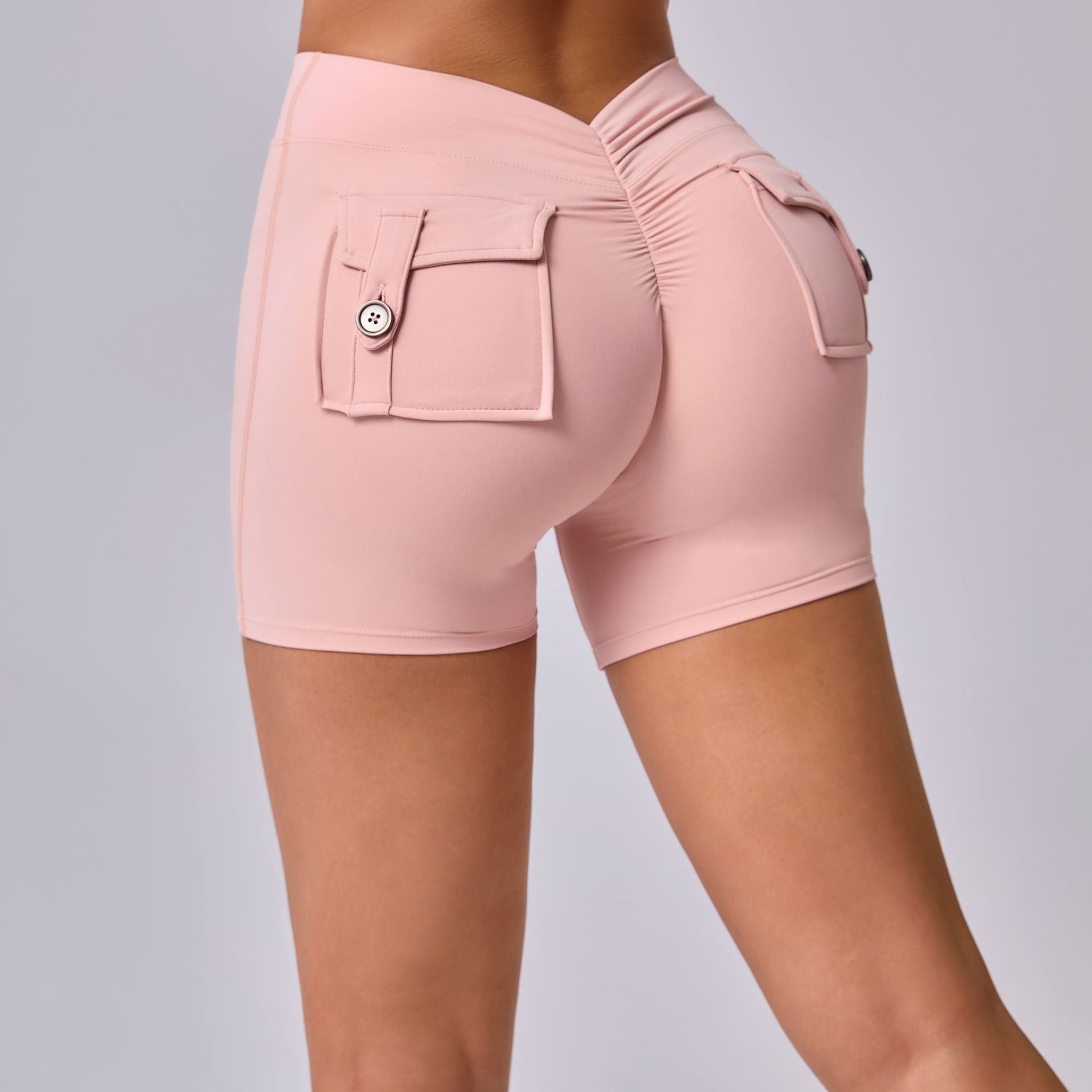 Back V Cargo Pocket Ruched Scrunch Butt Yoga Shorts Tight Fitness Shorts